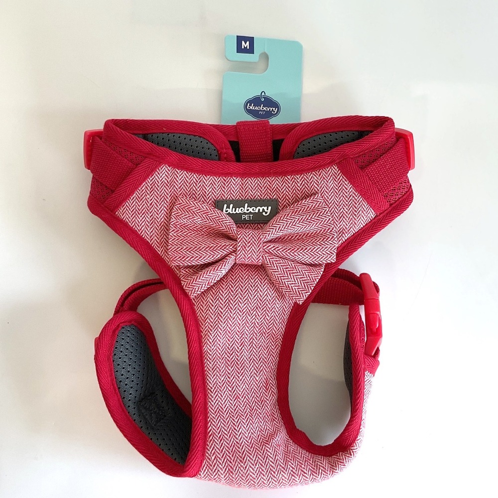 Blueberry Pet Red Herringbone Dog Harness with Bow Medium Step-In Mesh Lining